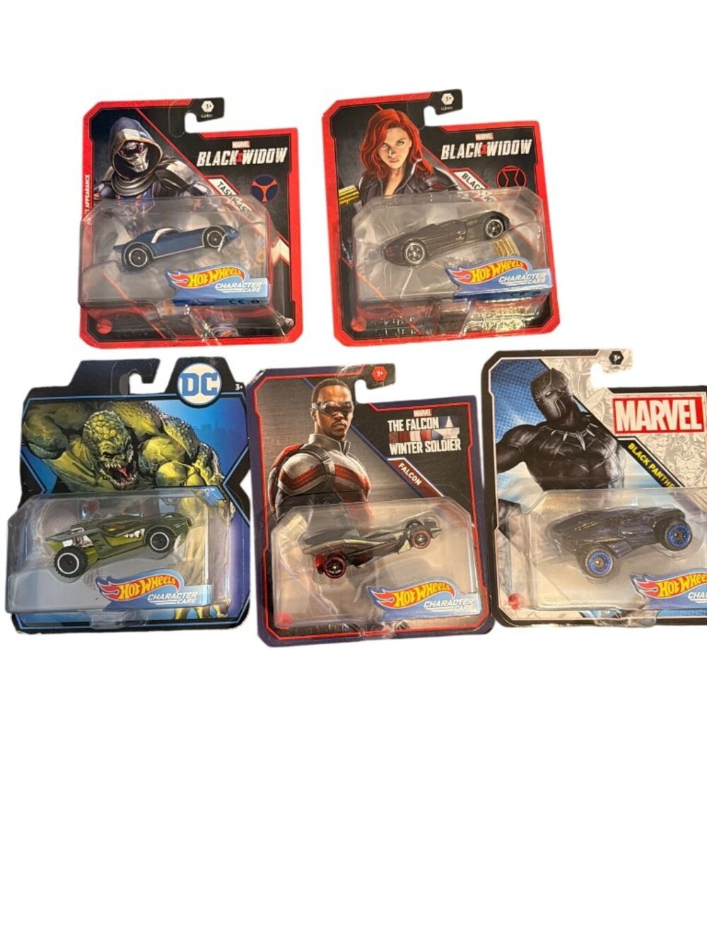 5 Marvel DC Comics Hot Wheels Character Cars Black Widow Panther Taskmaster Croc